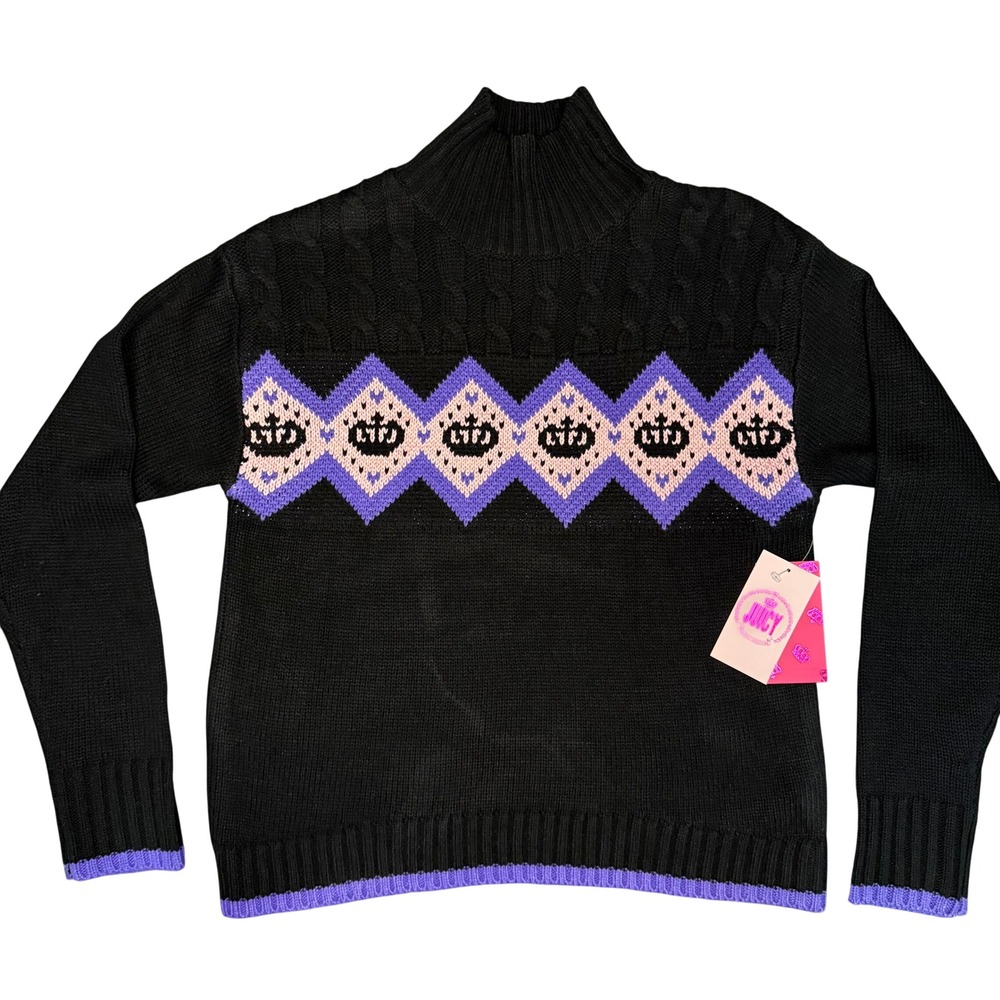 Juicy Couture Mock Neck Sweater XS Black Purple Pink Crown Argyle Knit